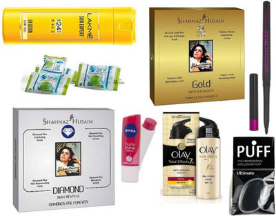 

Ultimate Silicon Puff With Gold And Diamond Facial kit & Lip Balm With Body Lotion, Cream & Kajal & Magic Napkin Pack Of 3(Set of 10)