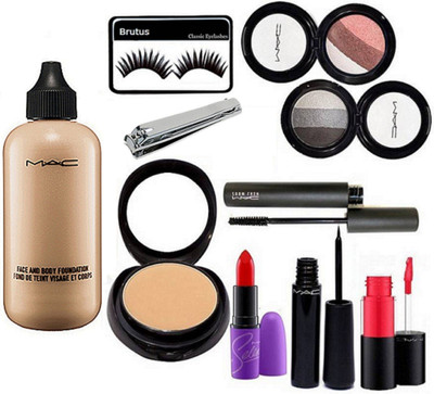 

BRUTUS Eyelashes, Mac Face & Body Foundation,2 Way Compact,Selena Lipstick, Lip Gloss, Liquid EyeLiner,Haute & Noughty Mascara And 2 Eyeshadow 3 Shades, Nail cutter(Set of 10)