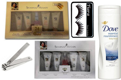 

TIARA Eyelashes & Diamond & Gold Facial Kit, Dove Body Lotion & Nail Cuter(Set of 5)