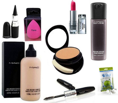 

TIARA Spounge Puff , Mac Face & Body Foundation , Prep+Prime Infusion Serum , Compact , Color Bar Eyeliner & Mascara 2in1, Lakme Enrich Lipstick , Stick Kajal , Magic Napkin(Set of 8)