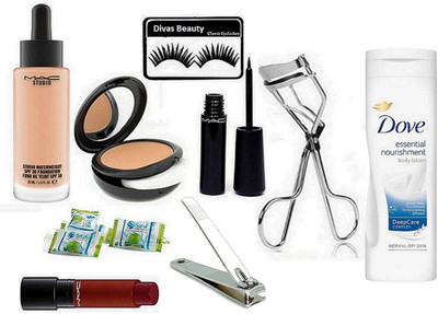 

divas beauty Eyelashes & Mac Studio Water weight Foundation, Studio Fix Compact, Liquid Eyeliner & Magic Napkin 2 & Eyelashes Curler & Nail Cutter & Body Lotion(Set of 9)