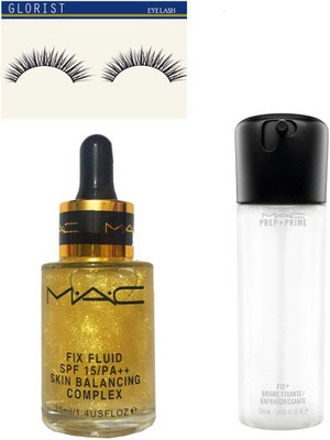 GLORIST EYE LASH AND COMBO 1 MAC FACE PRIMER WITH GOLD, 1 MAKEUP FIXER(Set of 3)