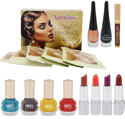 

NutriGlow Pearl radiance facial kit + 4 lipsticks + 2 color divine eye linear ( 1 golden and 1 black ) + 4 nail paints + 1 sindoor(Set of 1)