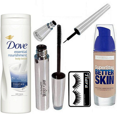 

TIARA Eyelashes , Mac Brook candy Eyeliner & Mascara , Dove Body Lotion , Maybelliene New York Foundation(Set of 5)