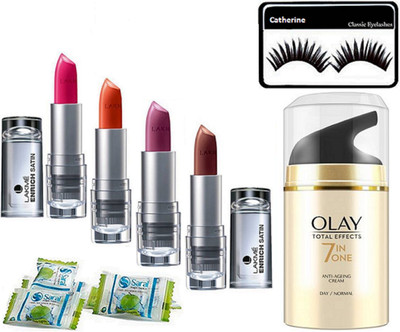 

catherine eyelashes, olayl total effect 7 in one lakme enrich lipstick pack of 4, magic napkin pack of 4(Set of 10)