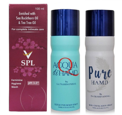 

VSPL Feminine Hygiene Wash 100ml 1pc., HAMD Acqua 1pc. & Pure 1pc. Deodorant Spray 200ml each Pack of 3(Set of 3)
