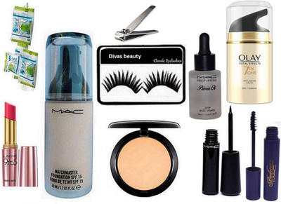 

divas beauty Eyelashes & Matchmaster Foundation & Mac Compact & Mac Eyeliner & Lakme 9 To 5 Lipstick & Mac Primer Oil & Nail Cutter & Olay Cream & Napkin & Padma Mascara(Set of 10)