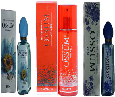 

OSSUM ZEAL PERFUMED BODY MIST 115ML+ BLOSSOM PERFUMED BODY MIST 190ML+ FUN PERFUMED BODY MIST 115ML Deodorant Spray - For Men & Women(115 ml, Pack of 3)