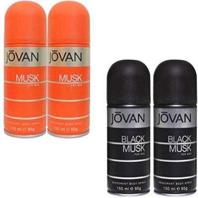 

Jovan BLACK MUSK AND MUSK Deodorant Spray - For Men(600 ml, Pack of 4)
