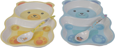 

Offspring 2 Section Cute Teddy Design Plate and Spoon Set - Melamine(Blue, Yellow)
