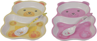 

Offspring 2 Section Cute Teddy Design Plate and Spoon Set - Melamine(Pink, Yellow)
