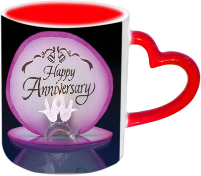

Raj Laxmi Anniversary Wishes With Love Birds Red Heart Handle Ceramic Mug(350 ml)