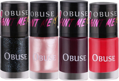 

Obuse Paint Me Non-Toxic Long Lasting Premium Nail Paint Vegan Flirty Black, Pretty Pink, Purple Fusion, Pink Shots(Pack of 4)