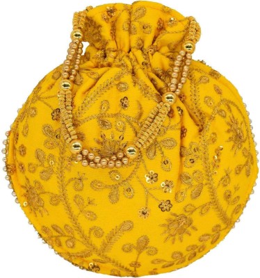 Dms Retail Golden Embroidered Silk Potli Bag Ethnic Clutch Batwa Bag For Women And Girls Potli