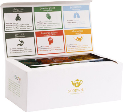 

Goodwyn Health for 6 Different Times & Moods of the Day Chamomile, Peppermint, Plain, Jasmine, Tulsi Green Tea Bags(60 Bags, Box)