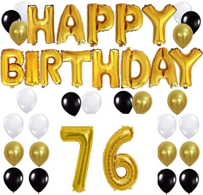 

Theme My Party Happy Birthday Gold Letter Foil, Black Gold White Balloons 50 -10 Inch Each , 76 No. Gold Foil 16 Inch in size. Perfect combo for decoration on Birthday at home/outside.