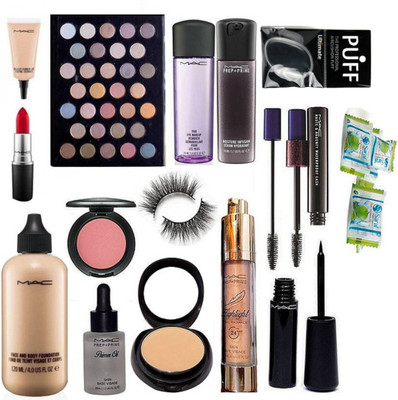 

Ultimate Silicon Puff & Mac Face And Body foundation & 2 Way Compact Concealer+Powder & Prep+prime Primer Oil,Highlight,,Face Serum,Pink Shade blusehr,Select Cover up concealer,pro Eye makeup Remover & Liquid Eyeliner,Mascara,Matte Finish Lipstick & Magic