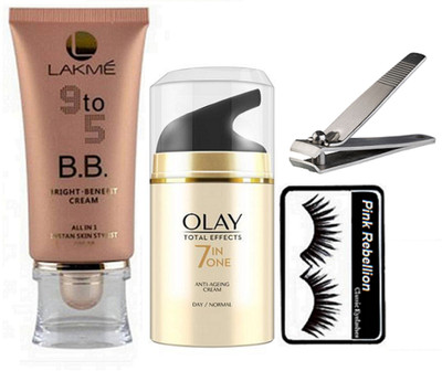 

Pink Rebellion Eyelashes & Lakme 9 To 5 BB Benefit Cream & Olay Anti Ageing Day Cream & Nail Cutter(Set of 4)