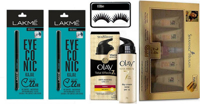 

ellie Eyelashes With Eyeconic Kajal Pack Of 2 & Olay Anti Ageing Cream & Shahnaz husain Gold Facial(Set of 5)