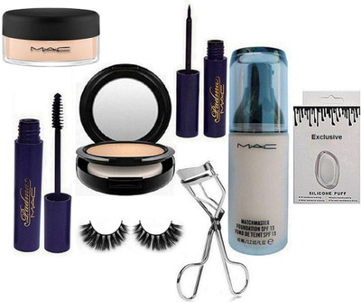

Exclusive Silicon Puff & Matchmaster Foundation & Mac Compact & Padma Eyeliner & Mascara & Curler & Eyelshes & Loose Powder(Set of 8)