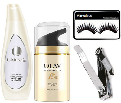 

marvalous eyelashes , maximum moisturiser winter intense lotion 120ml , olay total effects 7 in 1 anti ageing cream with nail clipper(Set of 4)