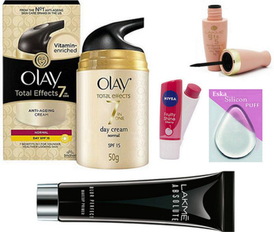 

Eska Silicon Puff & lakme Absolute Primer & 9to5 Eyeliner With Lip Balm & Olay Angeing Cream(Set of 5)
