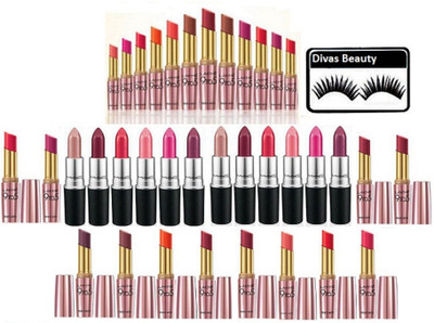 

divas beauty Eyelashes With Lakme 9 to 5 Prip +Matte Multicolor Lipstick Pack Of 24 & Mac Matte Lipstick Pack Of 12(Set of 37)