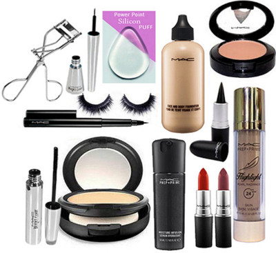 

FANCIFY COMBO Silicon Puff & Eyelashes&Curler&Brooke Candy Liner&Mascara&Pen Eyeliner&Mac Studio Fix Compact&Face&Body Foundation&Eyelashes&Stick Kajal&Mac Blusher&Mac Lipstick (Set Of 2)&Mac Highlight Foundation(Set of 14)