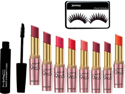 

jenney Eyelashes&Mac Haute Naughty Lash Mascara&Lakme 9To5 Lipstick Pack Of 8(Set of 10)