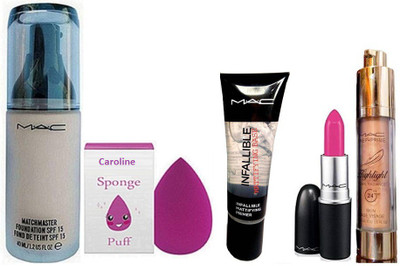 

caroline Sponge Puff & Mac Matchmaster Foundation SPF15, Mattifying Base Primer, Candy Yum-yum Lipstick, Highlighter(Set of 5)
