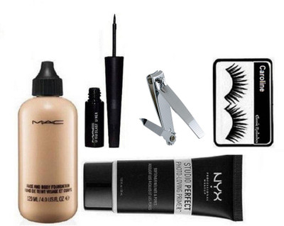 

caroline Eyelashes, Face and Body Foundation, perfect Face Primer Gel and Liquid Last Eyeliner& Nail Cutter(Set of 5)