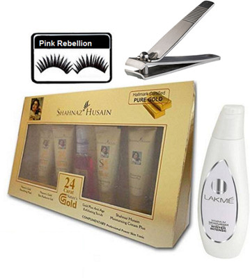 

Pink Rebellion Eyelashes & Shahnaz Hussain Gold Facial Kit & Lakme Moisturiser Winter Intense Lotion With Nail Clipper(Set of 4)