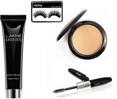

Styling Eyelashes, Mac Studio Fix Compact, Colorbar Liner+Mascara & Lakme Absolute Blue Perfect Makeup Primer(Set of 4)
