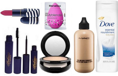 

Marvalous Sponge Puff & Face And Body Foundation & Mac Compact & Mac Zebra Lipstick & Padma Eyeliner & Mascara & Dove Essential Nourishment Body Lotion(Set of 7)