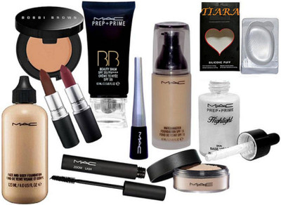

tiara Silicon Puff , Loose Powder , Eyeliner & Masacra , Matchmaster Foundation , Prep+Prime Highlighter , Prep+Prime BB Beauty Blam , Face & Body Foundation , Bobbi Brown Concealer , Lipstick Pack Of 2(Set of 11)