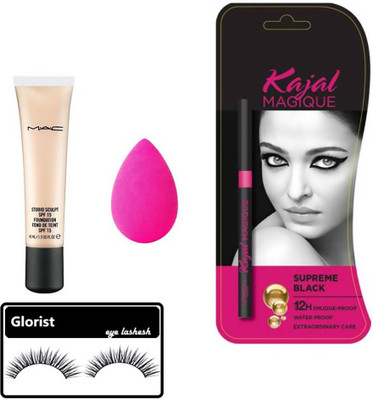 

GLORIST eyelashes,puff blender,kajal magique supreme black,mac studio sculpt spf 15 foundation fond de teint set(Set of 4)