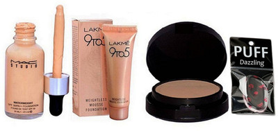 

dazzling Spouge Puff With Mac Studio Waterweight Foundation,Lakme 9to5 Mousse & Compact(Set of 4)