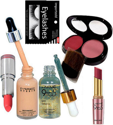 

Importedd Eyelashes, Mac 2 Shade Blusher, Studio Fix Waterweight Foundation, Lakme 9to5 Gold Radiance Serum, Colorbar Lipstick, 9to5 Lipstick(Set of 6)