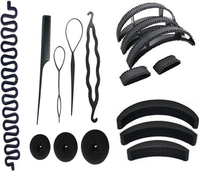 

KYT 16 pcs hair combo-set , 4 pcs Diy kit for new hair styling , 1 pcs hair braid tools , 3 pcs hair donut bun maker , 5 pcs hair bumpit ,3 pcs hair volumizer , all different size , 2 pcs juda bun maker(Set of 16)