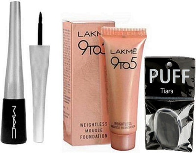

tiara silicon Puff & Lakme 9 to 5 Mousse Foundation , Mac Liquid Eyeliner(Set of 3)
