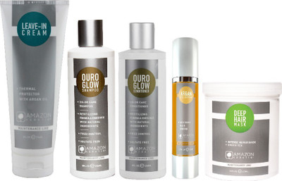 

AMAZON KERATIN OURO GLOW SHAMPOO, OURO GLOW CONDITIONER, KERATIN DEEP MASK, LEAVE-IN CREAM, ARGAN OIL SERUM(Set of 5)