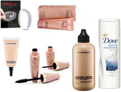 

TIARA Silicone Puff , Mac Select Cover up Concealer , Face & Body Foundation , Lakme 9to5 Mousse , Eyeliner & mascara , Dove Body Lotion(Set of 7)