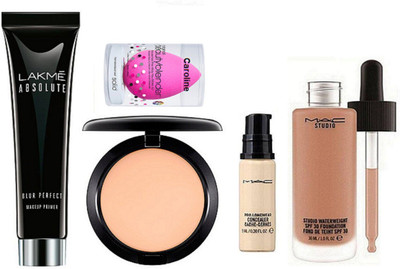 

caroline Sponge Puff, Mac Compact, Studio water weight Foundation & Pro Longwear Concealer & Lakme Absolute Blue Perfect Makeup Primer(Set of 5)