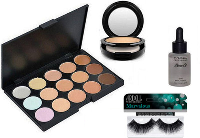 

marvalous Eyelashes,Mac 15 Shades Concealer Palette,Two Way Compact,Prep+Prime Face Primer Oil(Set of 4)