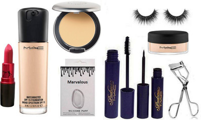 

Marvalous Silicon Puff & Match Master Foundation & studio perfect Compact & Padma Eyeliner & Mascara & Curler & Eyelashes &Lady Gaga Lipstick & Loose Powder(Set of 9)