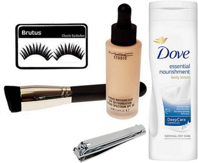 

BRUTUS Eyelashes, Mac Studio Waterweight Spf 30 Foundation, Makeup Brush, dove essential nourishment body lotion, Nail Cutter(Set of 5)