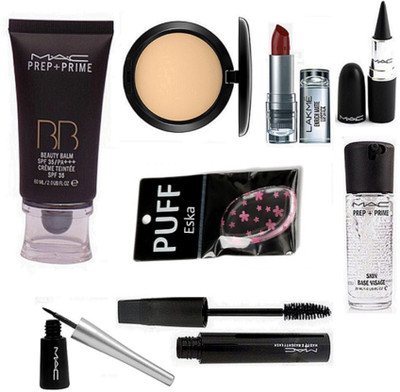 

eska Silicon Puff,Mac Prep-Prime BB Beauty Balm Foundation, Compact, Stick Kajal, Liquid Eyeliner, Haute And Naughty Mascara, Skin Base Visage Primer & Lakme Enrich Matte Lipstick(Set of 8)