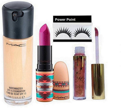 

power point Eyelashes, Mac Matte Vibe Tribe Lipstick Flat Out Fabulous 3 gm With Match master Liquid Foundation& Kylie Matte Liquid Lipgloss(Set of 4)