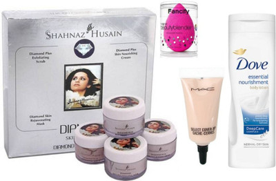 

fancify sponge puff & shahnaz husain diamond facial kit & mac Select cover-up concealer & dove essential nourishment body lotion(Set of 4)