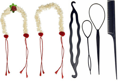 

S R Enterprises combo of 6 pcs , 4 pcs diy kit ,2 pcs hair bun decoration gajra (veni)white(Set of 6)